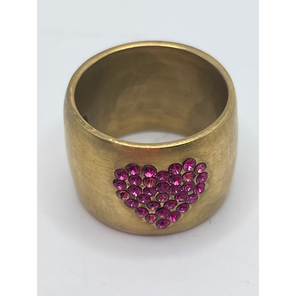 Chanel Vintage 2002 Pink Crystal Heart CC Logo Wide Cigar Band Ring SZ602P#841